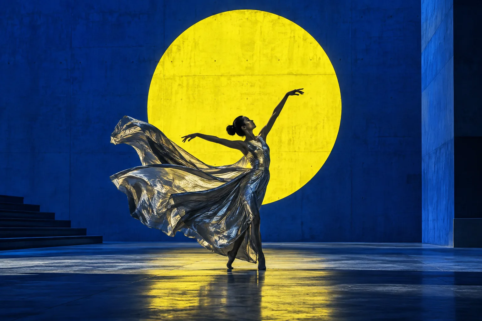 Dancer in a silver costume before a circle of yellow light and a blue wall