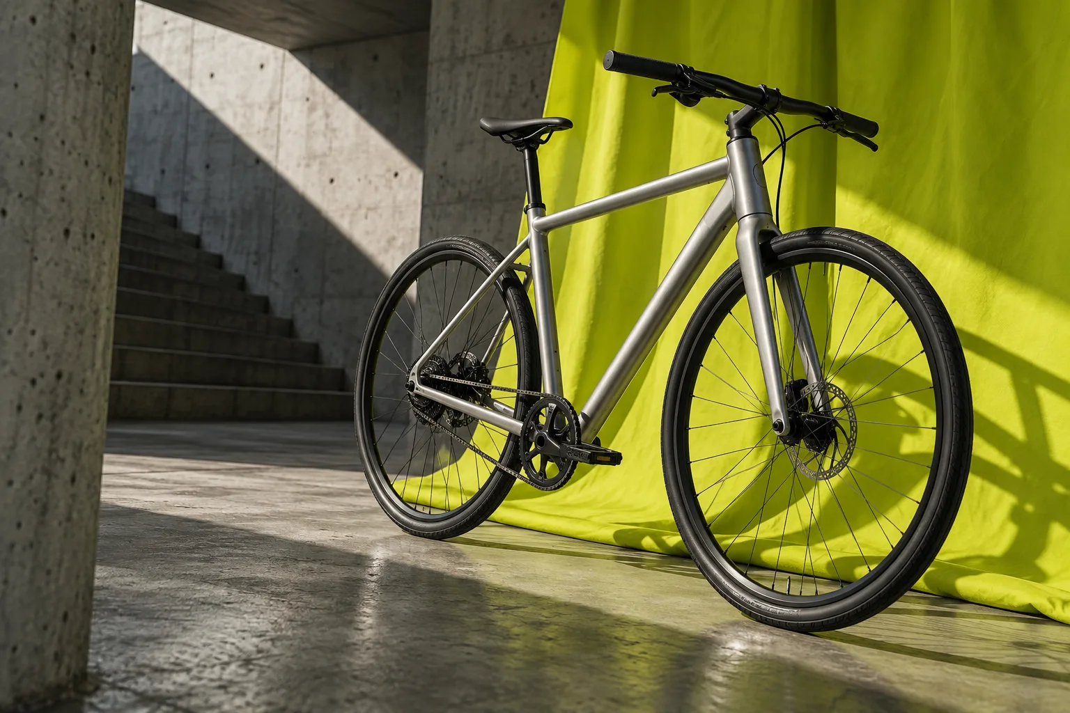 Aluminum city bike against a lime fabric in a concrete space