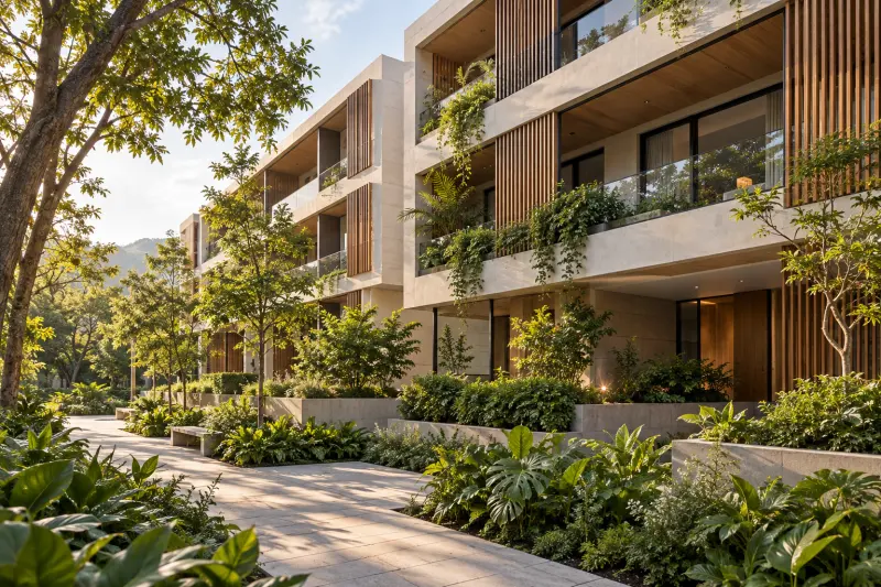 Conceptual residential architecture with terraces and green areas